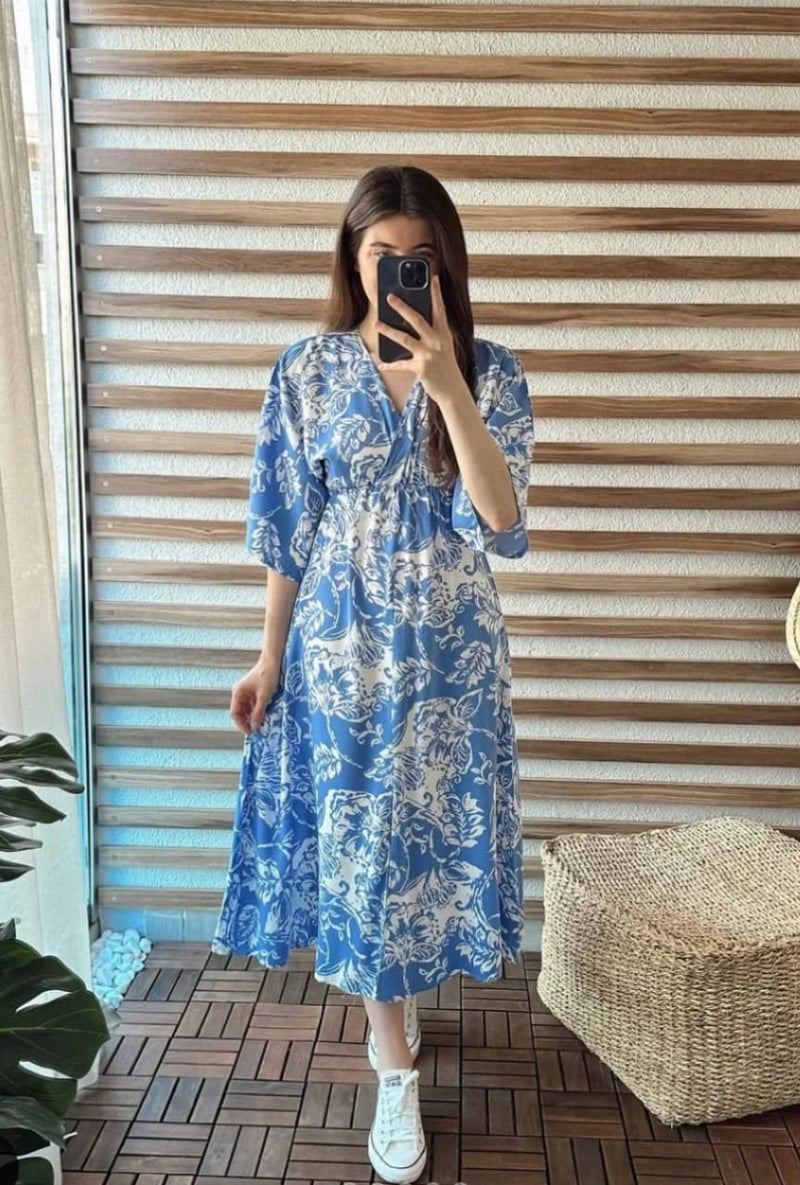 MANOJAVA Women Blue Rayon Fit & Flare Dress