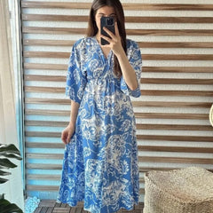 MANOJAVA Women Blue Rayon Fit & Flare Dress