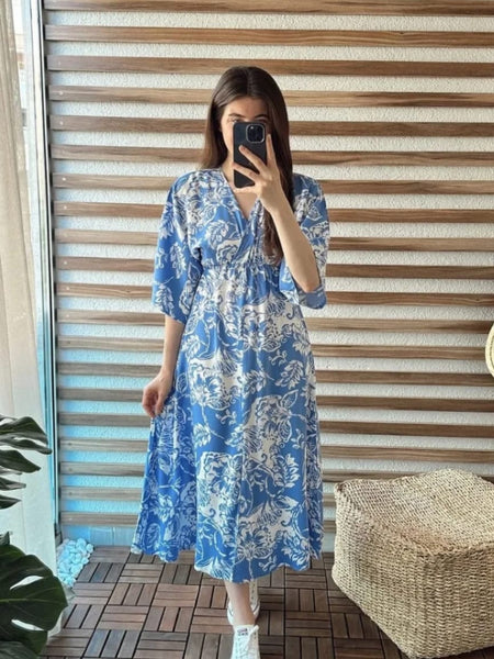 MANOJAVA Women Blue Rayon Fit & Flare Dress