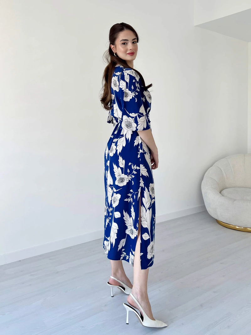 MANOJAVA Blue Rayon Fit & Flare Dress for Women