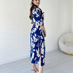 MANOJAVA Blue Rayon Fit & Flare Dress for Women