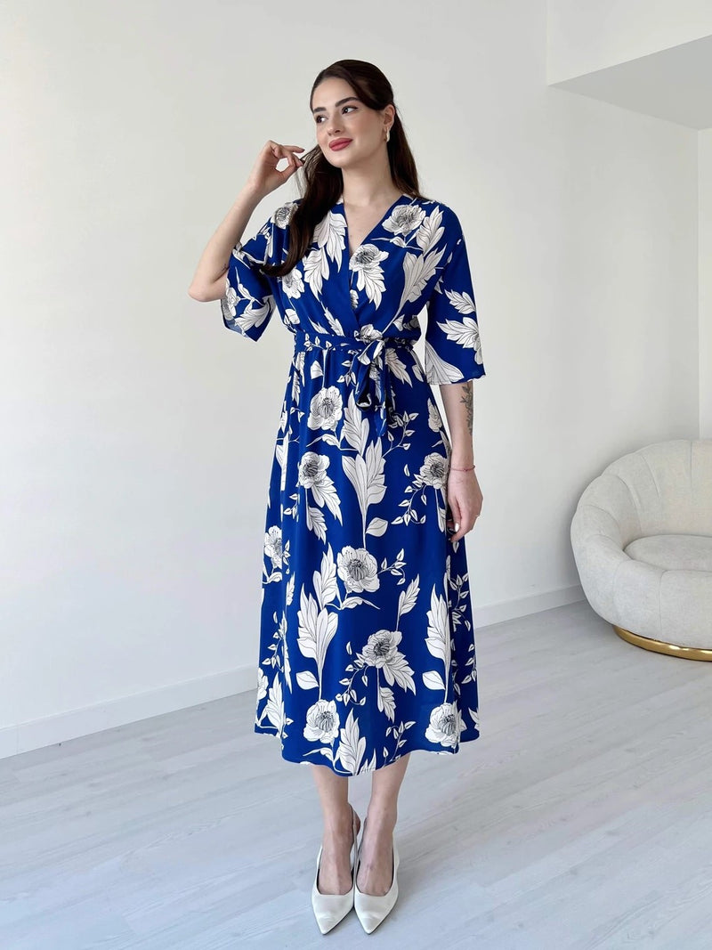 MANOJAVA Blue Rayon Fit & Flare Dress for Women