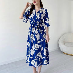 MANOJAVA Blue Rayon Fit & Flare Dress for Women