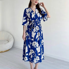 MANOJAVA Blue Rayon Fit & Flare Dress for Women