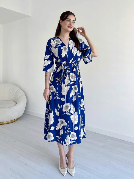 MANOJAVA Blue Rayon Fit & Flare Dress for Women