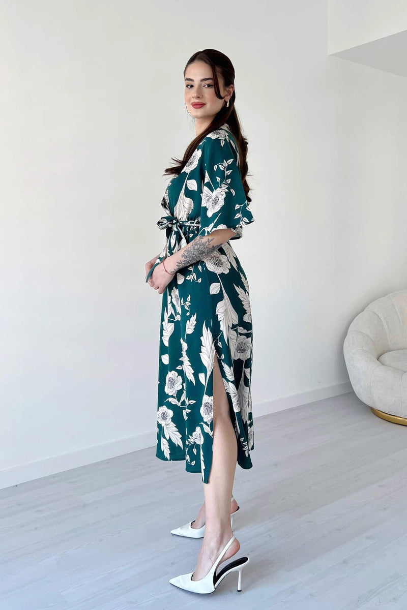 Women Green Rayon Fit & Flare Dress with V Neck Side 2