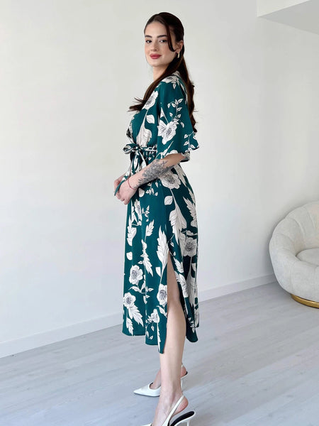 Women Green Rayon Fit & Flare Dress with V Neck Side 2