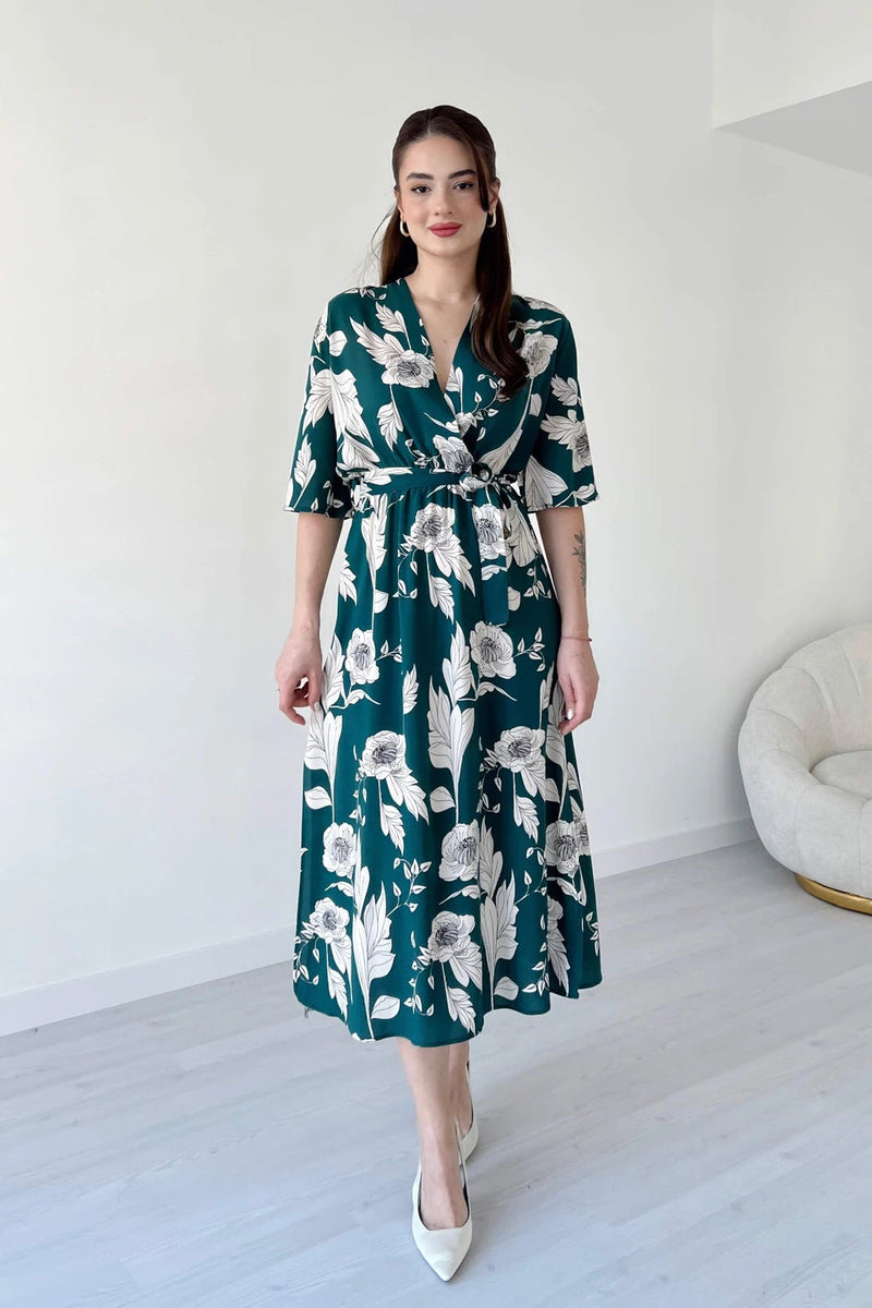 Women Green Rayon Fit & Flare Dress with V Neck & 3/4 Sleeves
