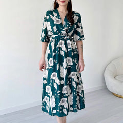 Women Green Rayon Fit & Flare Dress with V Neck & 3/4 Sleeves