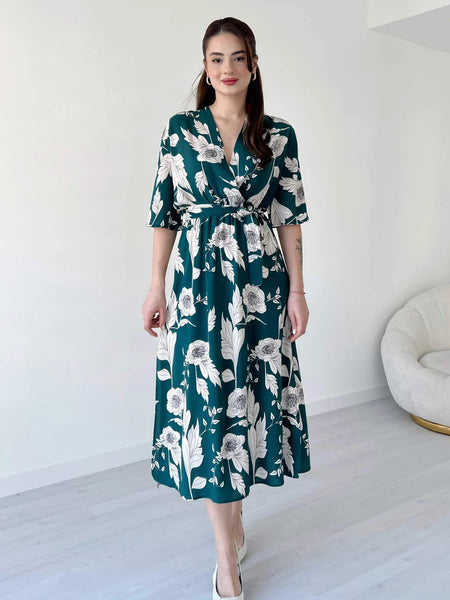 Women Green Rayon Fit & Flare Dress with V Neck & 3/4 Sleeves