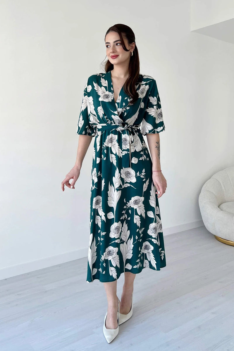 Green Rayon Fit Dress with V Neck for Women 