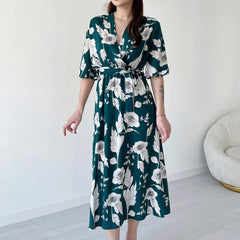 Green Rayon Fit Dress with V Neck for Women 