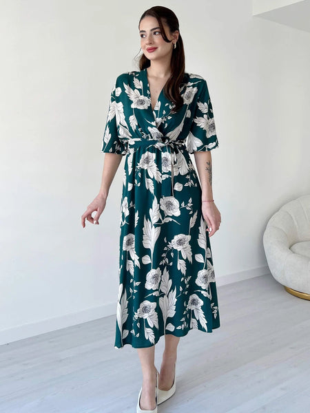 Green Rayon Fit Dress with V Neck for Women 
