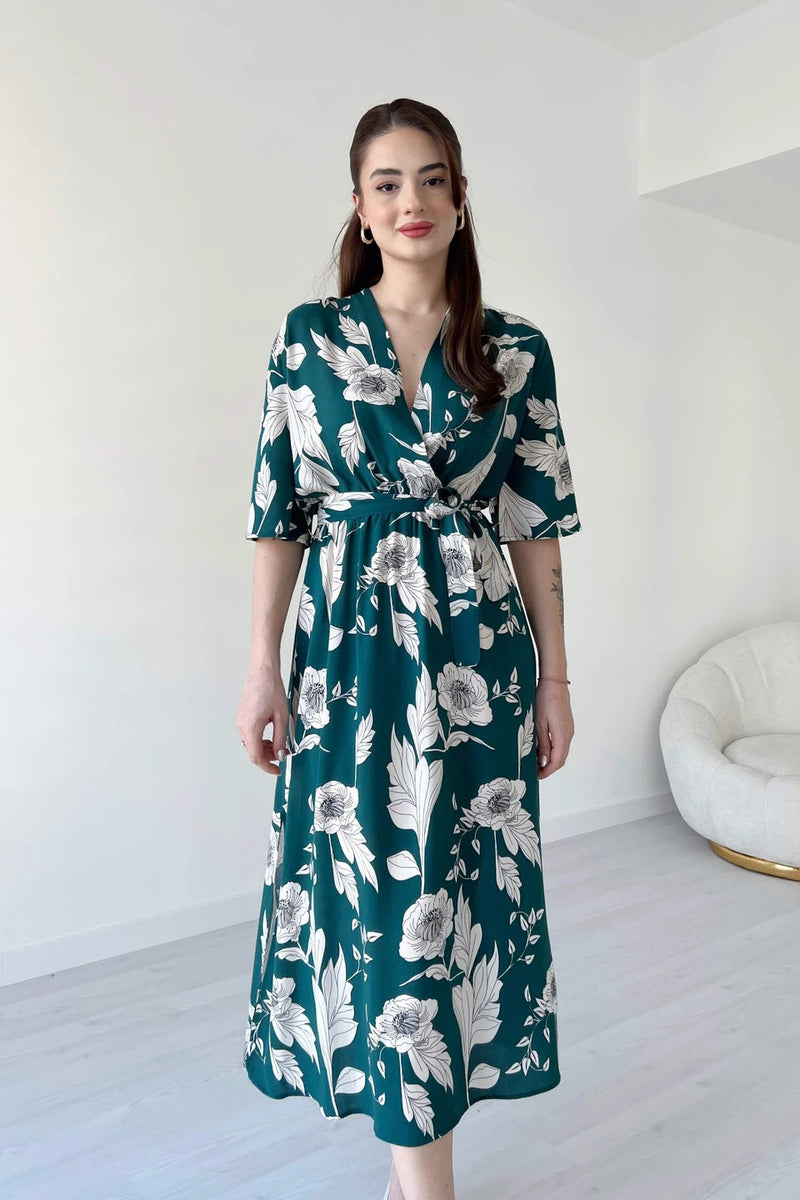 Women Green Rayon Fit & Flare Dress with V Neck