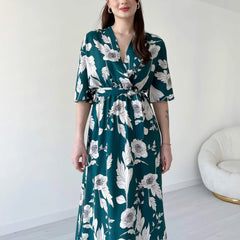 Women Green Rayon Fit & Flare Dress with V Neck