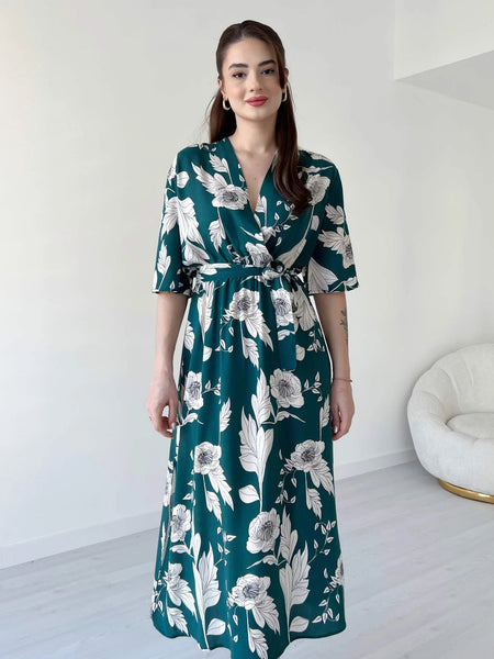 Women Green Rayon Fit & Flare Dress with V Neck