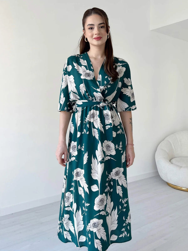 Women Green Rayon Fit & Flare Dress with V Neck