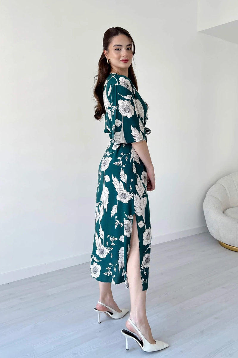 Women Green Rayon Flare Dress with V Neck Side 1