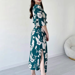 Women Green Rayon Flare Dress with V Neck Side 1