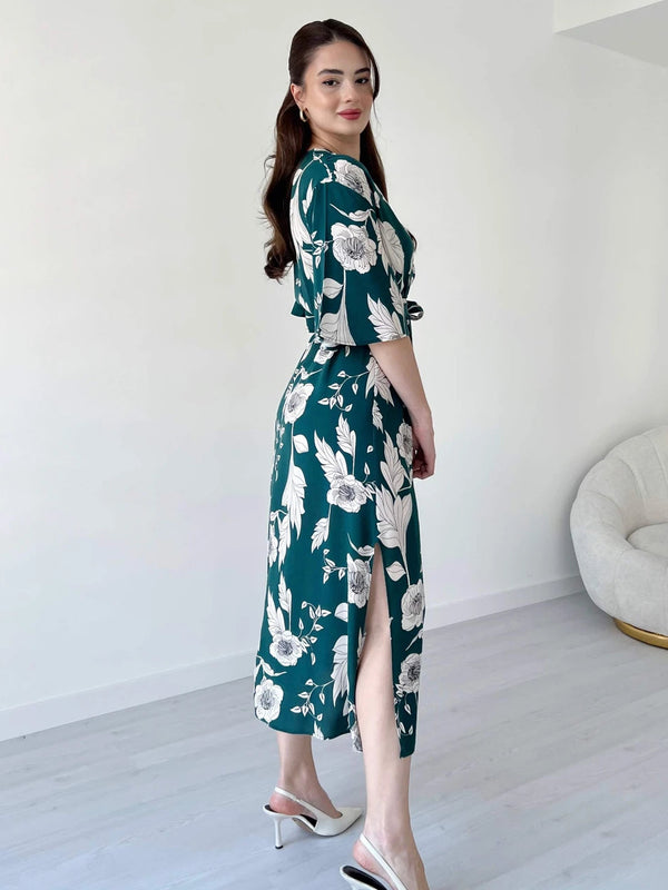 Women Green Rayon Flare Dress with V Neck Side 1