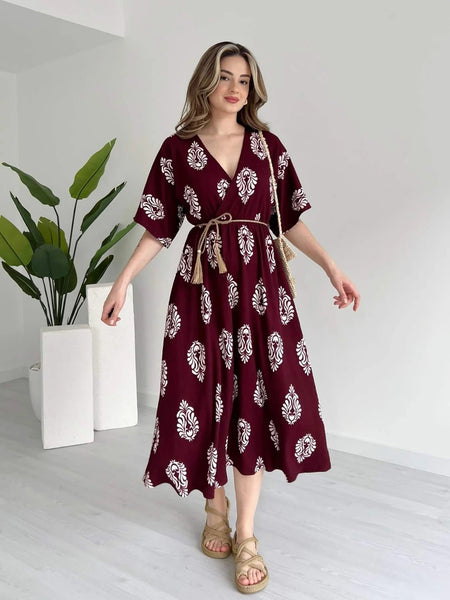 Women maroon floral fit and flare wrap dress
