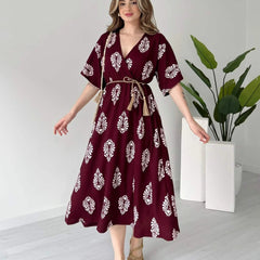 Maroon calf length rayon wrap dress front view
