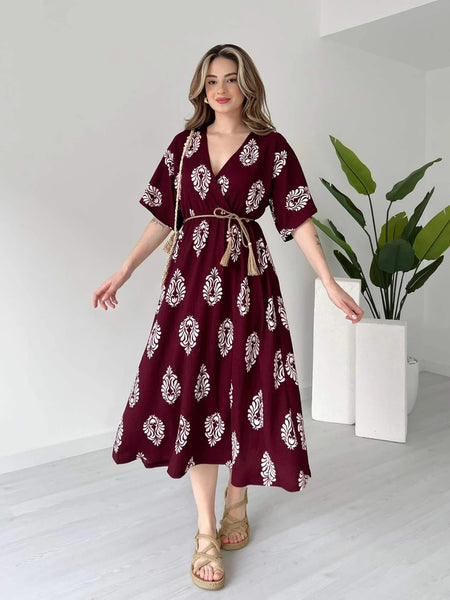 Maroon calf length rayon wrap dress front view
