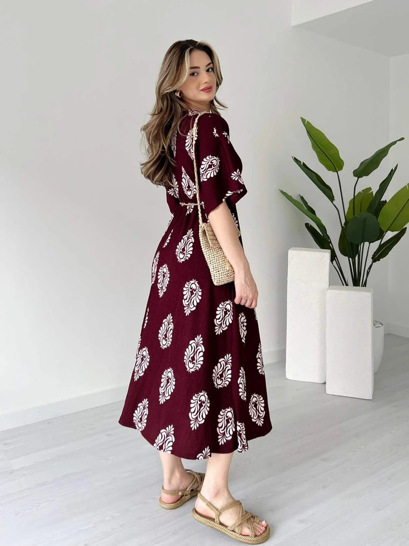 Maroon floral wrap rayon dress for women
