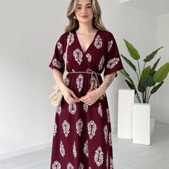 Women V neck maroon floral wrap dress
