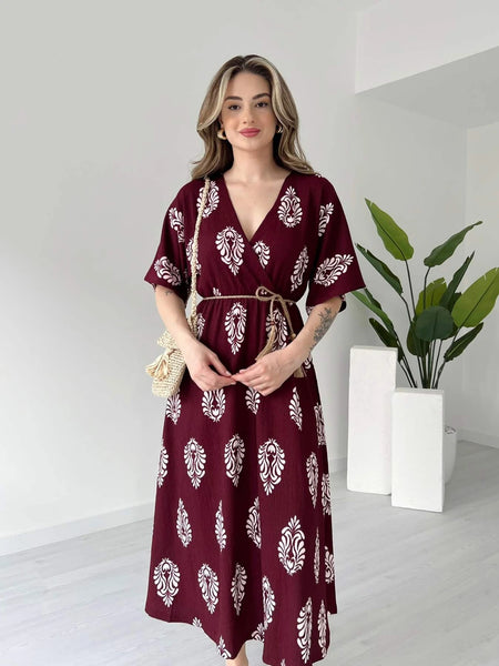 Women V neck maroon floral wrap dress
