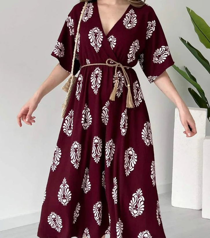 Casual maroon rayon wrap dress for women
