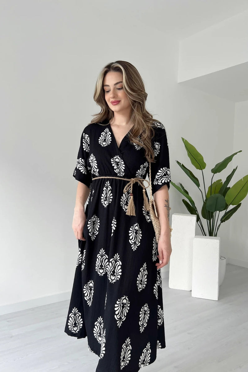 Black floral wrap dress for women 
