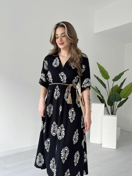 Black floral wrap dress for women 
