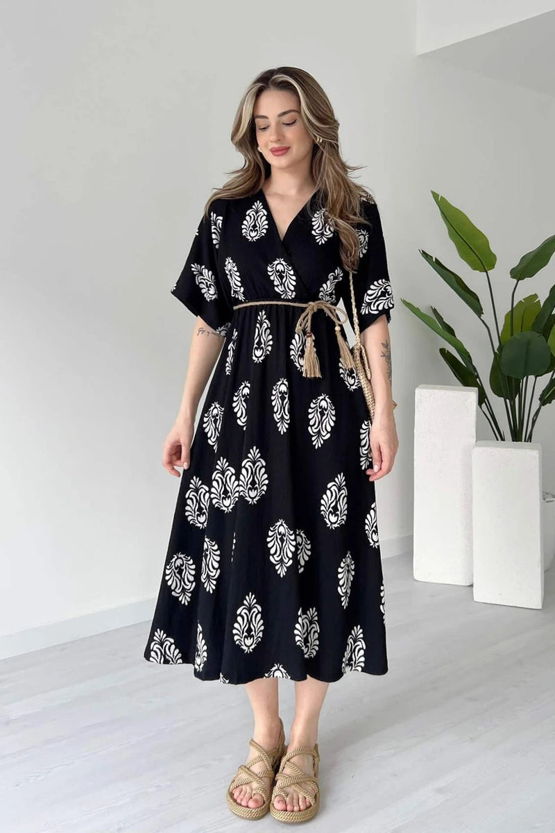 Women black fit and flare wrap midi dress
