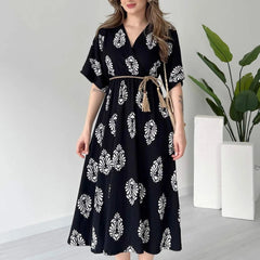 Women black fit and flare wrap midi dress
