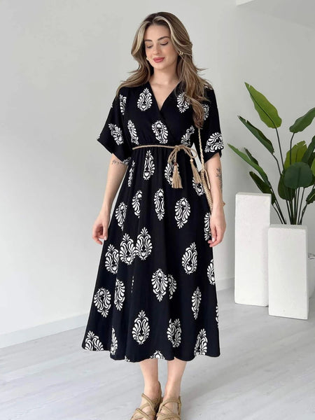 Women black fit and flare wrap midi dress
