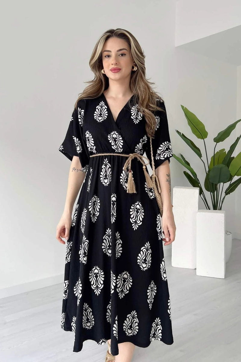 Casual black rayon wrap dress women
