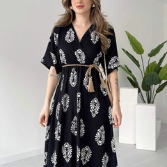 Casual black rayon wrap dress women
