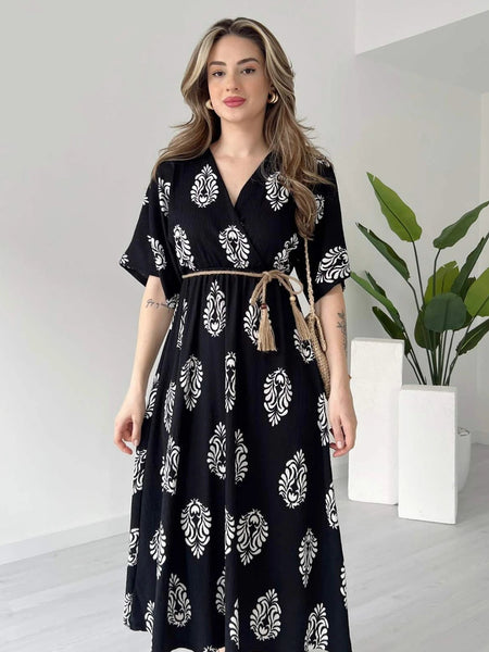 Casual black rayon wrap dress women
