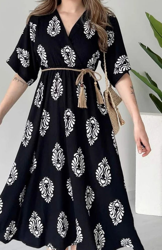 Women black rayon floral wrap midi dress
