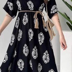 Women black rayon floral wrap midi dress
