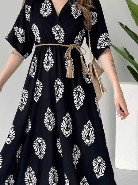 Women black rayon floral wrap midi dress
