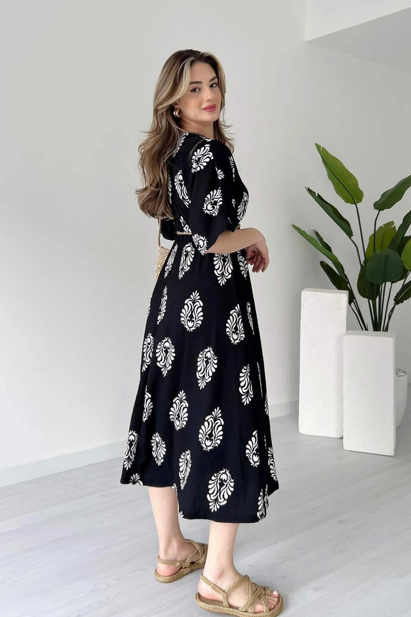 Black V neck floral wrap dress women
