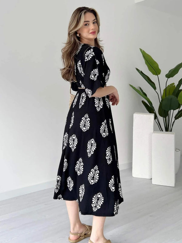 Black V neck floral wrap dress women
