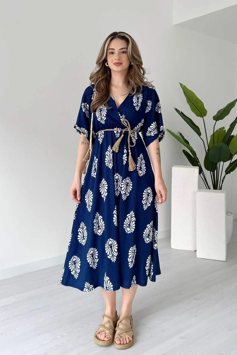 Blue floral wrap dress for ladies front view
