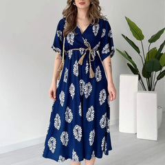 Blue floral wrap dress for ladies front view
