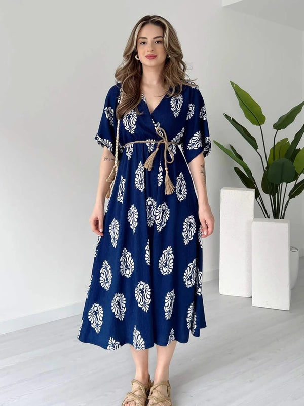 Blue floral wrap dress for ladies front view
