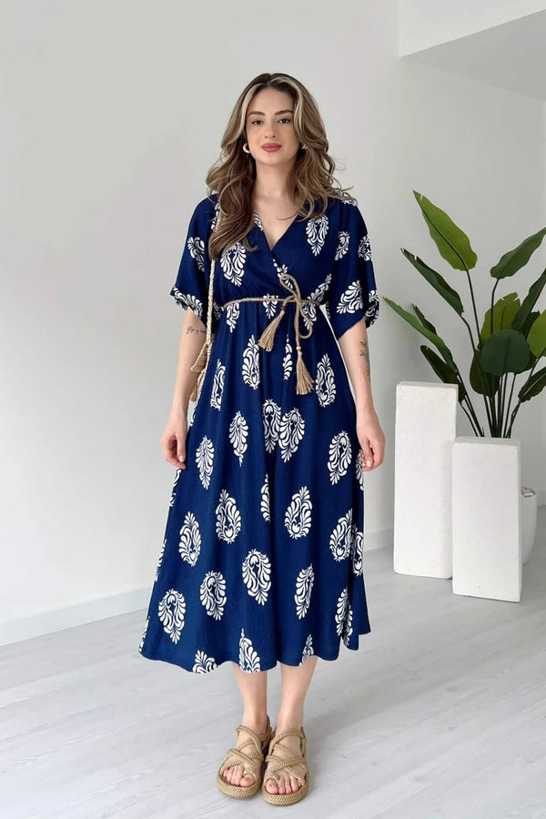 Blue floral wrap dress for ladies front view
