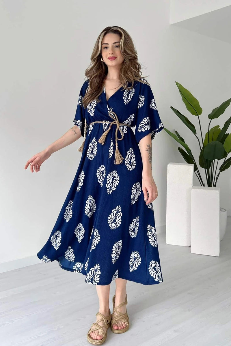 Elegant blue floral wrap midi dress daily wear