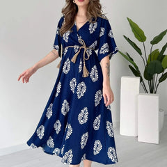 Elegant blue floral wrap midi dress daily wear